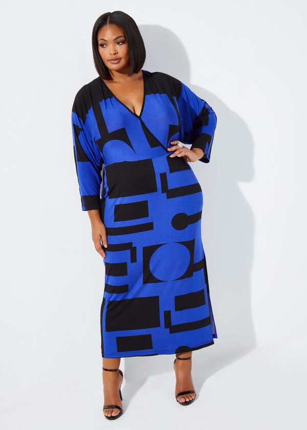 Printed Faux Wrap Maxi Dress, Bluing image number 0