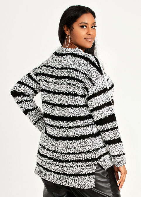 Open Knit Stripe Hi Low Sweater, Black White image number 1