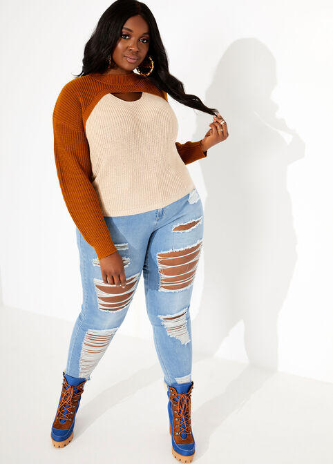 Plus Size Curvy Girl Sexy Knitwear Colorblock Cutout Mock Neck Sweater image number 0