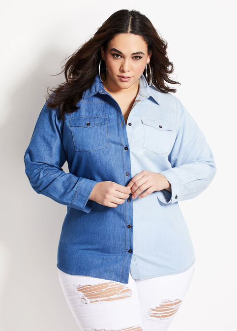 Two Tone Denim Button Up Top, Denim image number 2