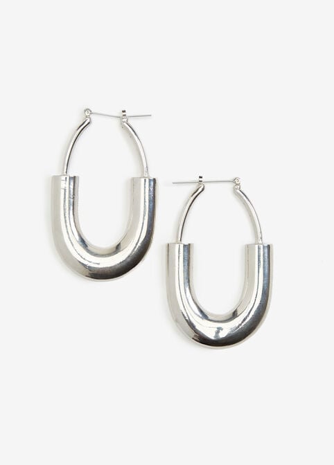 Polished Silver Tone Hoop Earrings, Silver image number 1