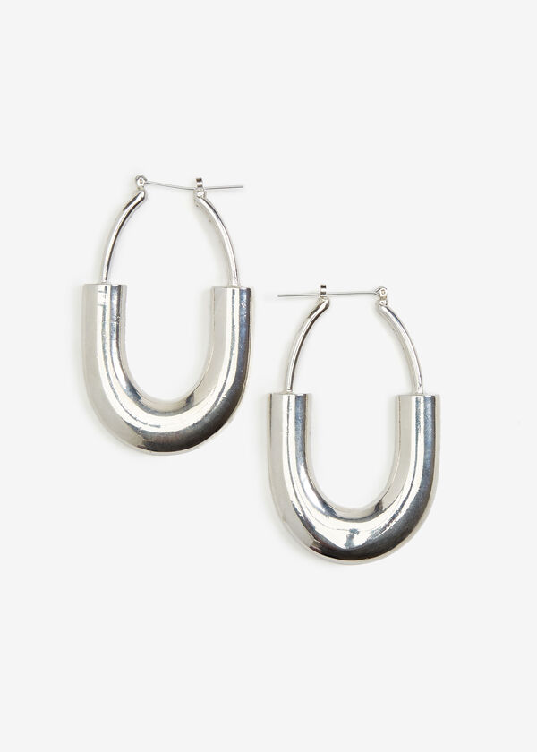 Polished Silver Tone Hoop Earrings, Silver image number 1