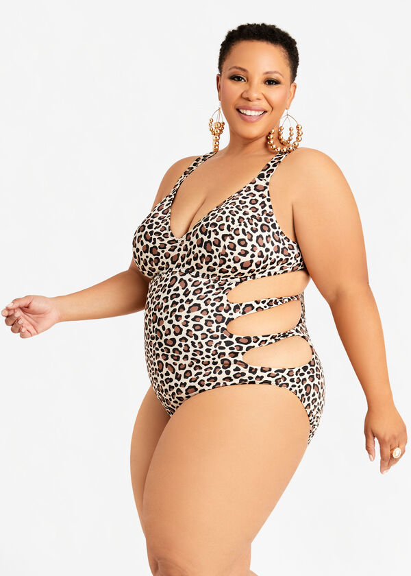 Fit4U Cutout One Piece Swimsuit, Natural Leopard image number 0