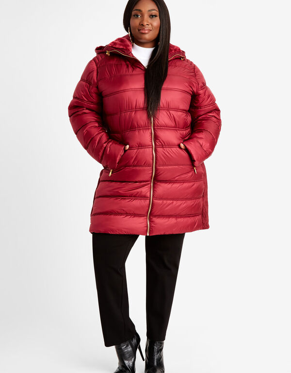 Faux Fur Hood Long Puffer Coat, Rhododendron image number 0