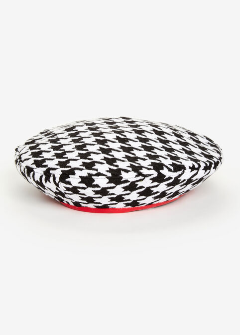 Houndstooth & Faux Leather Beret, Black Combo image number 0