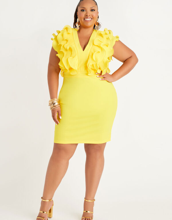Ruffled Crepe Bodycon Dress, Cyber Yellow image number 0