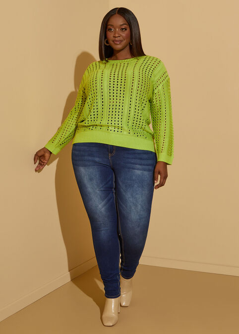 Pointelle Knit Sweater, Lime Green image number 2