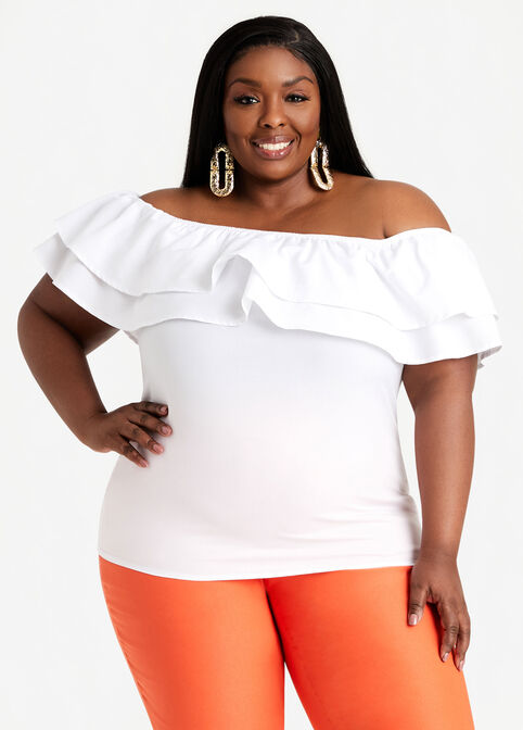 White Ruffle Off The Shoulder Top, White image number 0