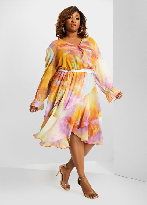 Belted Abstract Chiffon Wrap Dress, Multi image number 0