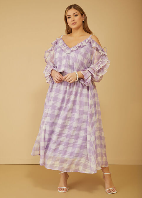 Cold Shoulder Gingham Maxi Dress, Viola image number 3