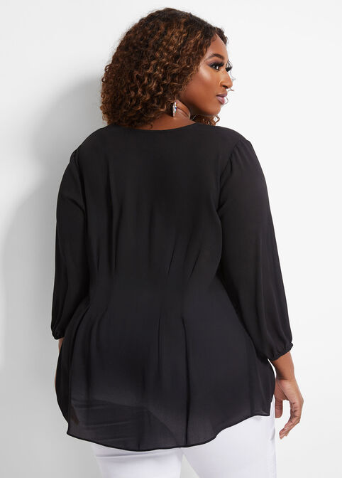 Pleated Chiffon Button-Up Blouse, Black image number 1