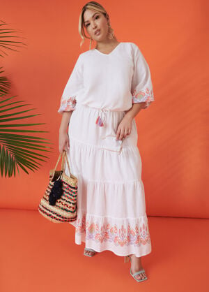 Printed Linen Blend Maxi Skirt, White image number 0