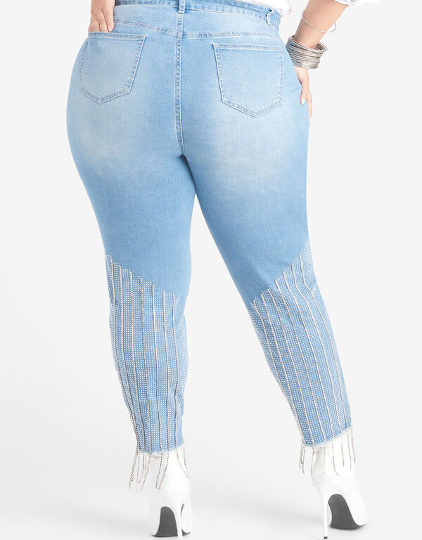 Fringed Distressed Skinny Jeans, Med Sky Blue image number 1