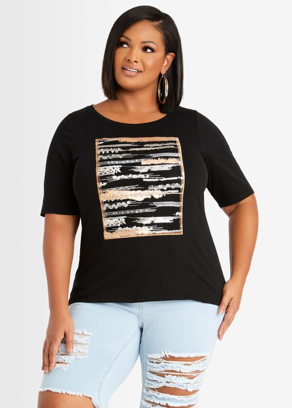 Sequin Embroidered Graphic Tee, Black image number 0