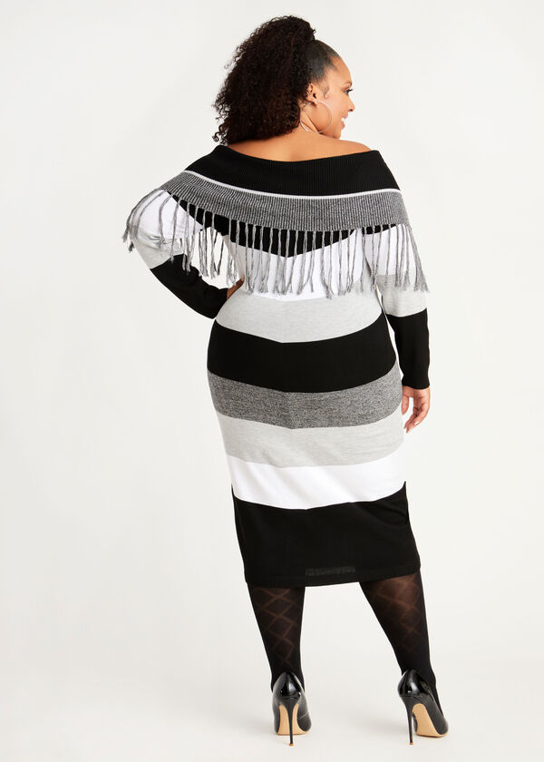 Fringe Fold Over Sweater Dress, Black Combo image number 1