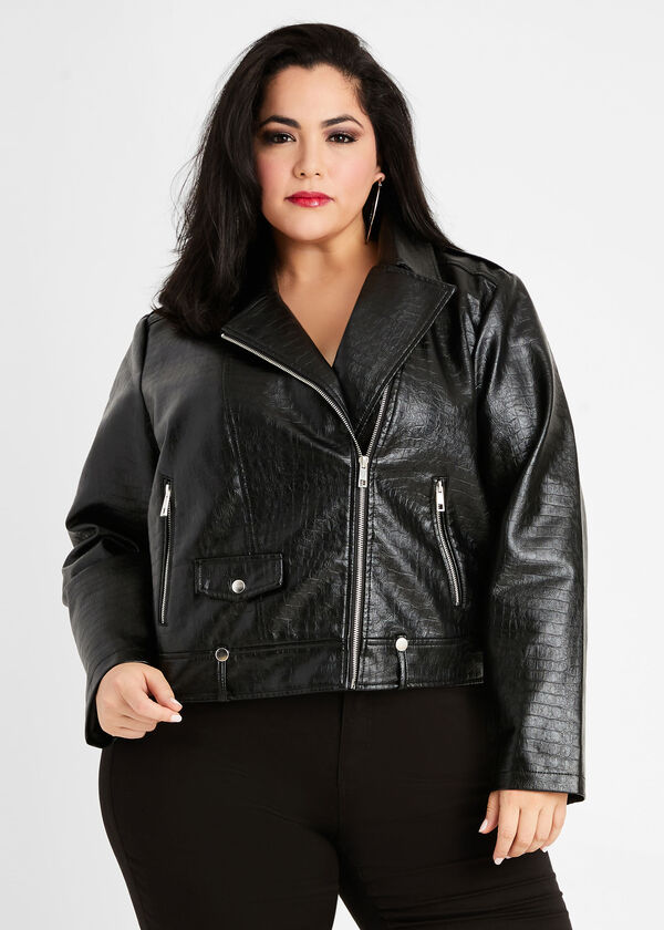 Plus Size Embossed Croc Faux Leather Edgy Cropped Moto Jacket