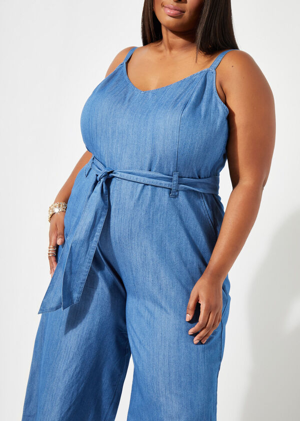 Belted Chambray Wide Leg Jumpsuit, Dk Rinse image number 2