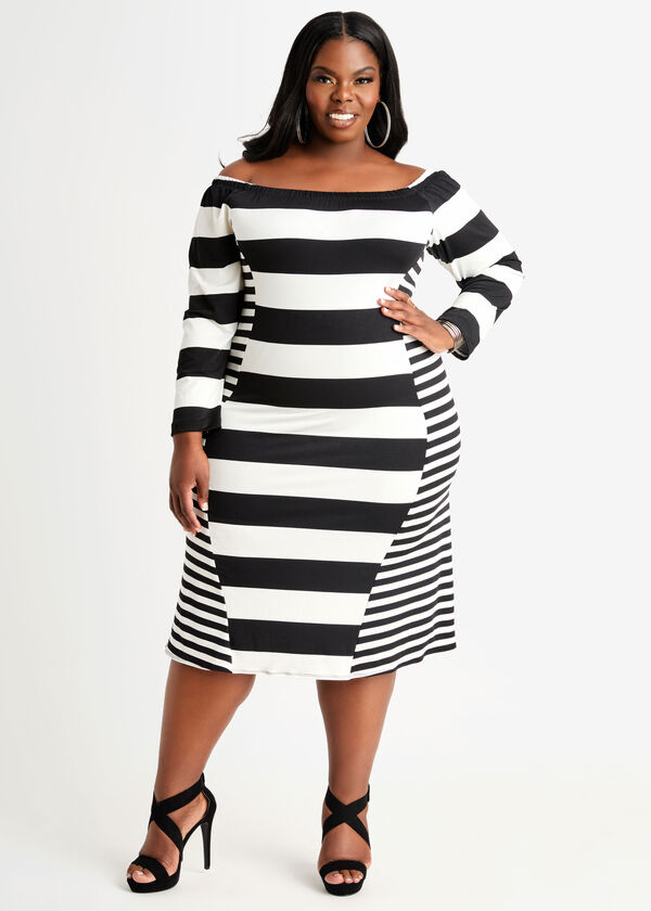 Mixed Stripe Illusion Midi Dress, Black White image number 0