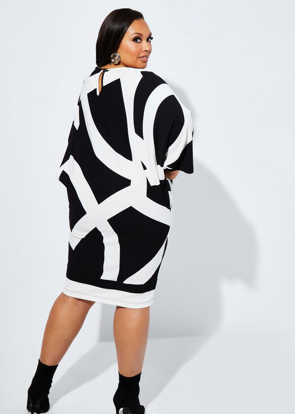 Printed Textured Knit Sheath Dress, Black White image number 1