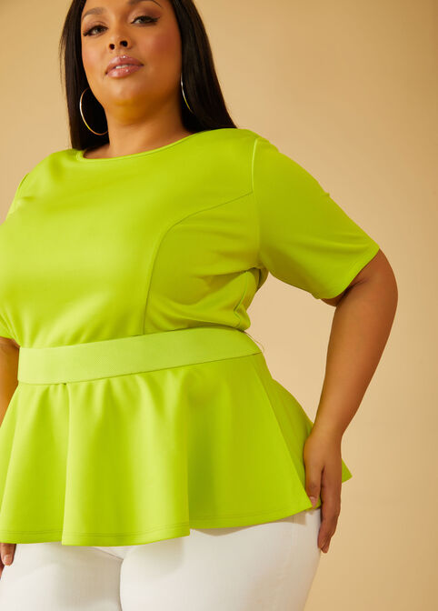 Belted Scuba Peplum Top, LIME PUNCH image number 2