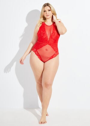 Open Back Lace And Mesh Bodysuit, Red image number 0