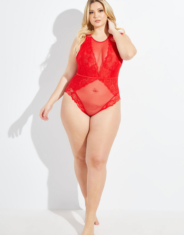 Open Back Lace And Mesh Bodysuit, Red image number 0