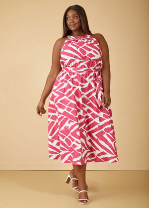 Printed Linen Blend A Line Dress, Pink Peacock image number 0
