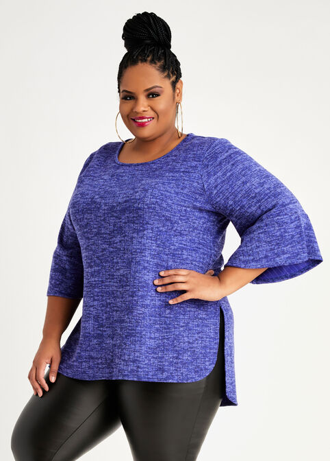Plus Size Hacci Marled Flutter Elbow Sleeves Hi Low Cozy Tunic Top image number 0