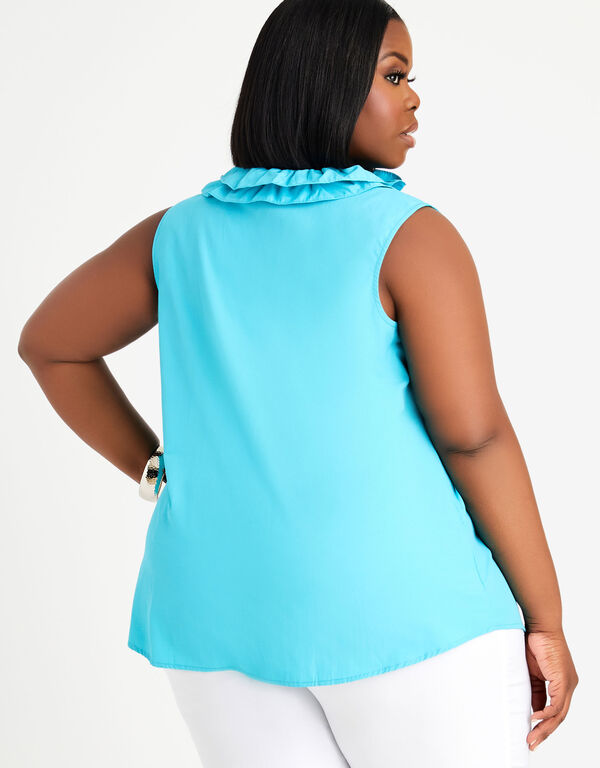 Ruffle Cotton Sleeveless Button Up, Blue image number 1