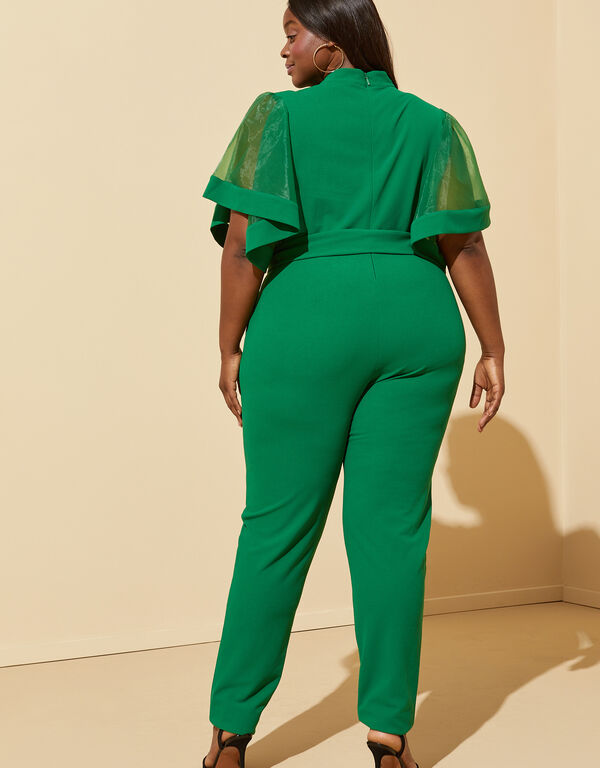 Organza Sleeved Belted Jumpsuit, Abundant Green image number 1