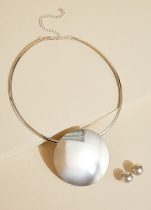 Silver Tone Disc Necklace Set, Silver image number 1