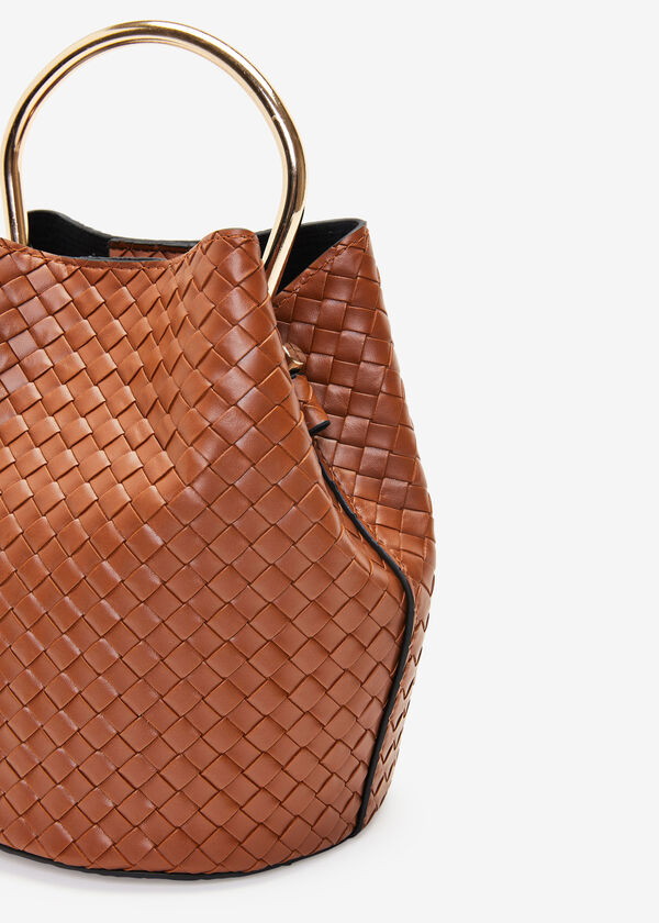 Woven Faux Leather Bucket Bag, Cognac image number 1