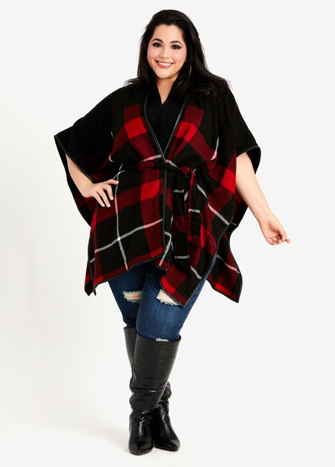 Belted Faux Leather & Plaid Ruana, Red image number 0