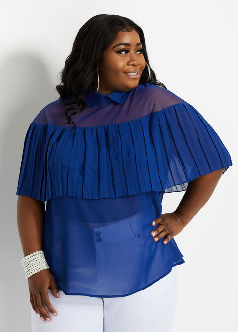 Plus Size Collared Mesh Pleated Cape Summer Party Top Blouses image number 0