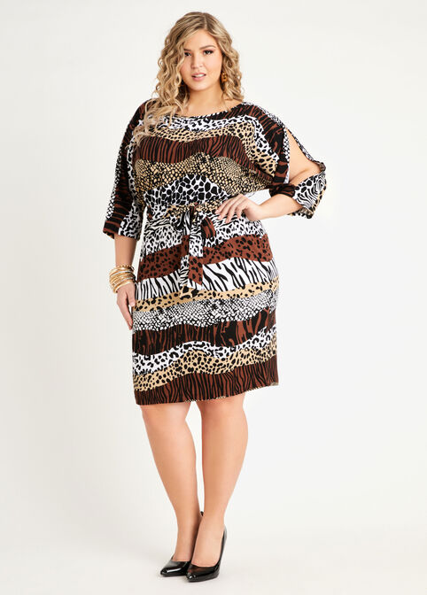 Belted Animal Open Sleeve Dress, Rocky Road image number 0