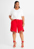 2 Button Raw Hem Denim Shorts, Tango Red image number 2