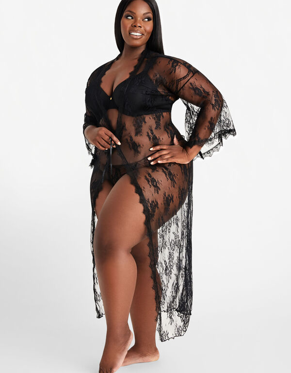 Stretch Lace Robe And Thong Set, Black image number 0