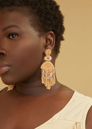 Beaded Fringed Chandelier Earrings, Camel Taupe image number 0
