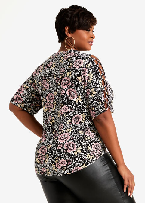 Printed Lace Up Sleeve Top, Foxglove image number 1