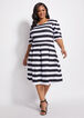 Pleated Stripe A Line Dress, Black White image number 0