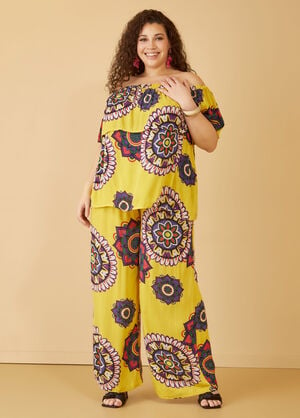 Printed Textured Wide Leg Pants, Cyber Yellow image number 0