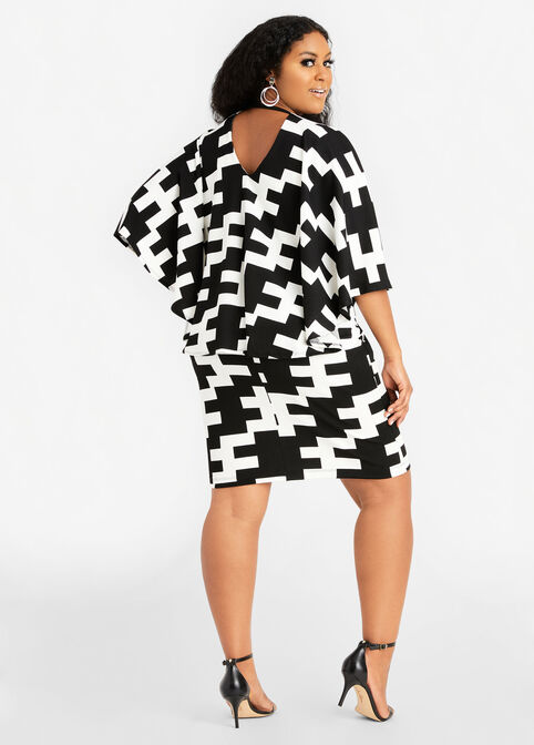 Houndstooth Cutout Cape Dress, Black White image number 1
