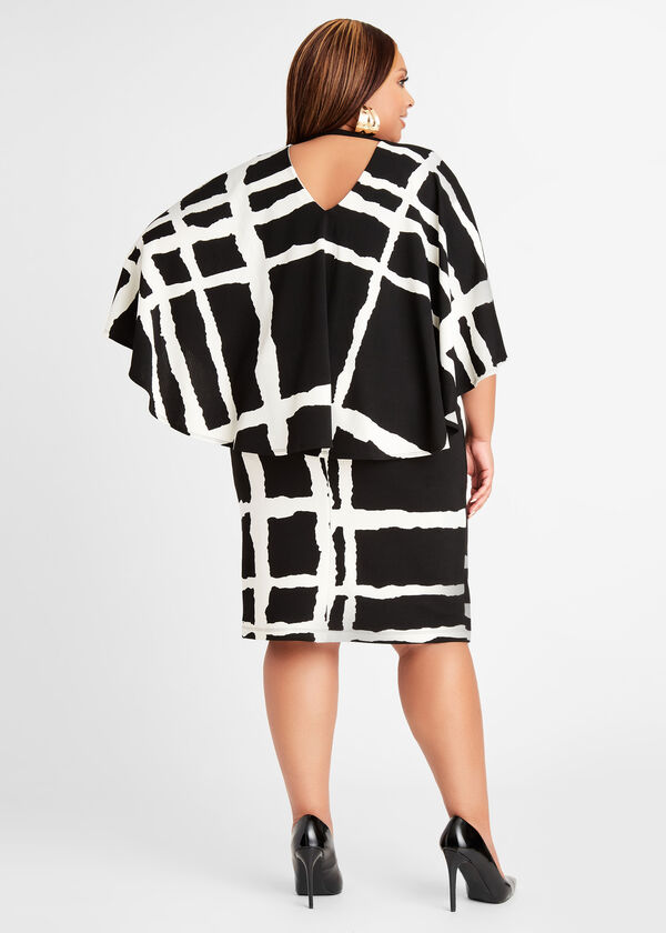 Windowpane Cutout Cape Dress, Black White image number 1