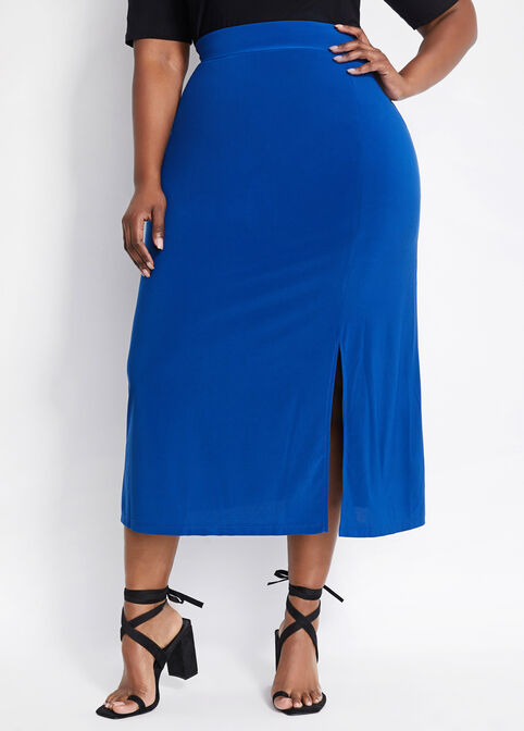 Knit Front Slit Midi Skirt, Royal Blue image number 0