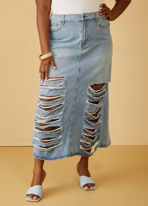 Distressed Cutout Denim Maxi Skirt, Classic Blue image number 0