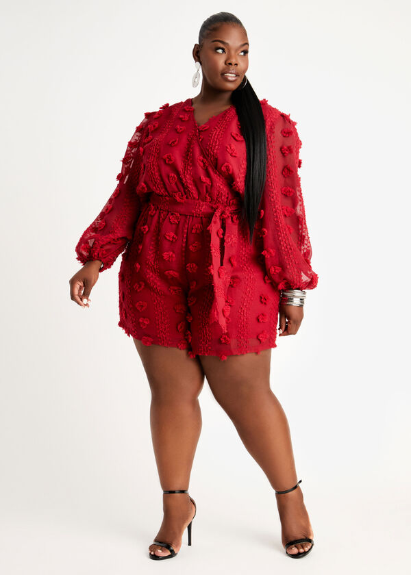 Plus Size Belted Wrap Pompom Semi Sheer Puff Sleeve Romper image number 0