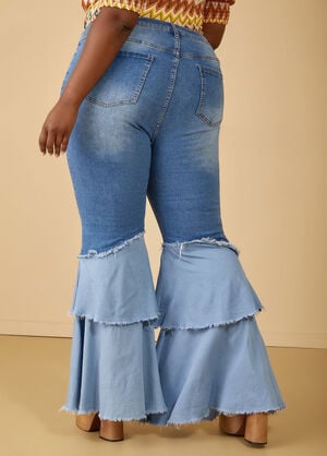 High Rise Ruffled Flared Jeans, Blue image number 1