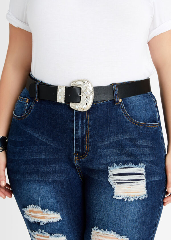Silver Stone Faux Leather Belt, Black image number 0