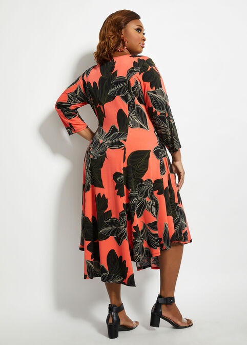 Floral Knit Asymmetric Swing Dress, Copper image number 1