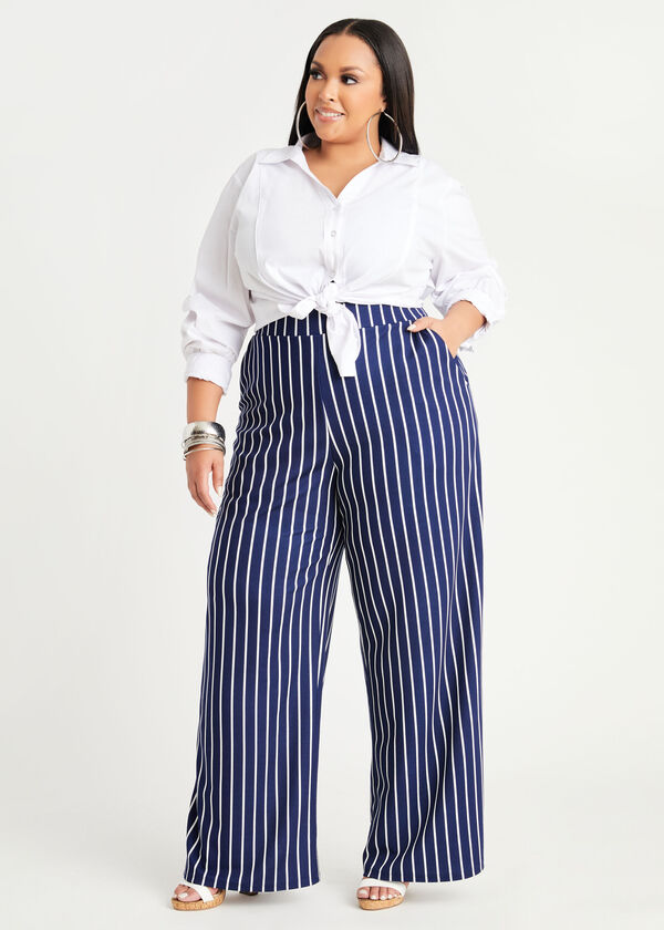 Stripe Pull On Wide Leg Pant, Navy image number 2